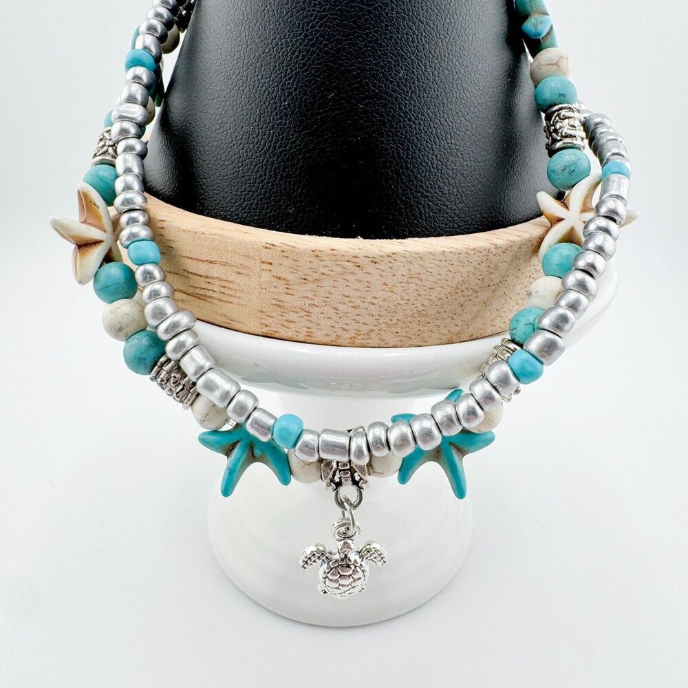 Turquoise 2 Strand Turtle Bracelet Anklet Silver Tone Beach Rustic Retro Sea